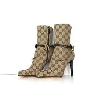 Vintage Gucci GG Monogram Horsebit Harness Ankle High Heeled Boots 5